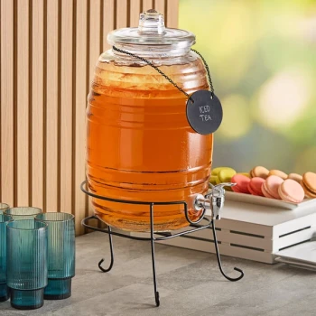 Acopa 2.5 Gallon Barrel Glass Beverage Dispenser with Chalkboard Sign and Black Stand
