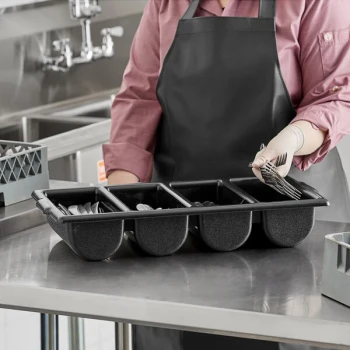 TableCraft Black 4-Compartment Plastic Cutlery Box / Flatware Bin with Handles 1524B