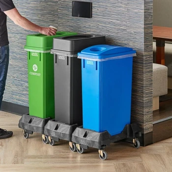 Lavex 69 Gallon 3-Stream Slim Rectangular Mobile Trash / Recycle / Compost Station with Black Drop Shot Lid, Green Drop Shot Lid, and Blue Can / Bottle Lid