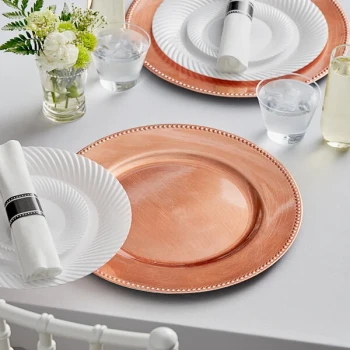 Choice 13" Round Rose Gold / Copper Beaded Rim Plastic Charger Plate - 12/Case