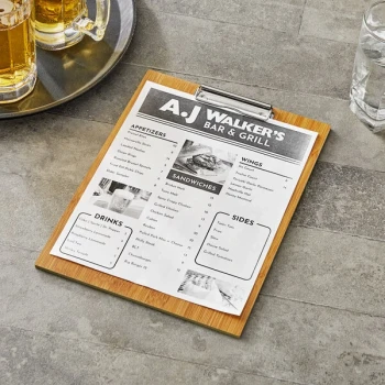 Choice 9" x 12 1/2" Customizable Natural Wood Menu Holder / Presenter with Clip