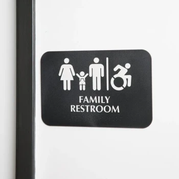 TableCraft 695651 ADA Family Restroom / Handicap Accessible Restroom Sign with Braille - Black and White, 9" x 6"