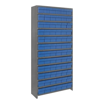 Quantum Super Tuff 36" x 18" x 75" Steel Closed 13-Shelf Euro Drawer Shelving System with (72) 17 7/8" x 5 9/16" x 4 5/8" Blue Bins CL1875-602BL