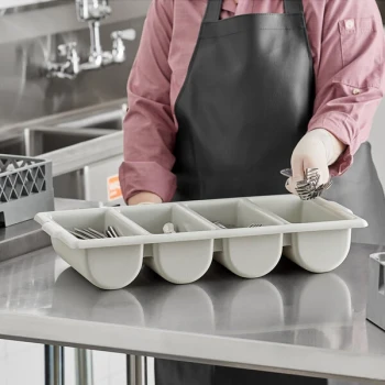 TableCraft Gray 4-Compartment Plastic Cutlery Box / Flatware Bin with Handles 1524G