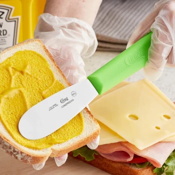 Choice 3 1/2" Smooth Stainless Steel Sandwich Spreader with Neon Green Polypropylene Handle