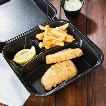 Genpak SN203-BK 9 1/4" x 9 1/4" x 3" Black 3 Compartment Foam Container with Snap-It Hinged Lid - 200/Case