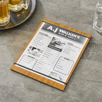 Choice 9" x 12 1/2" Customizable Natural Wood Color Menu Holder / Presenter with Straps