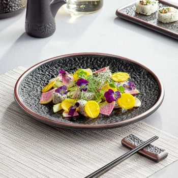 Acopa Heika 10" Black Matte Textured Coupe Stoneware Plate - 12/Case
