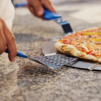 GI Metal 13 3/16" Perforated Triangular Pizza Server with Blue Handle AC-STP16F