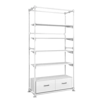 Econoco Pipeline 48" x 20" x 95 3/8" Gloss White Metal Freestanding Merchandising Unit with 4 Shelves and 2 Drawers