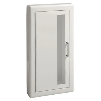 JL Industries 1817V10FX2 Ambassador Series White Fire-Rated Steel Cabinet for 5 lb. Fire Extinguishers with Vertical Window, 3" Trim, and Semi-Recessed 5 1/2" Depth